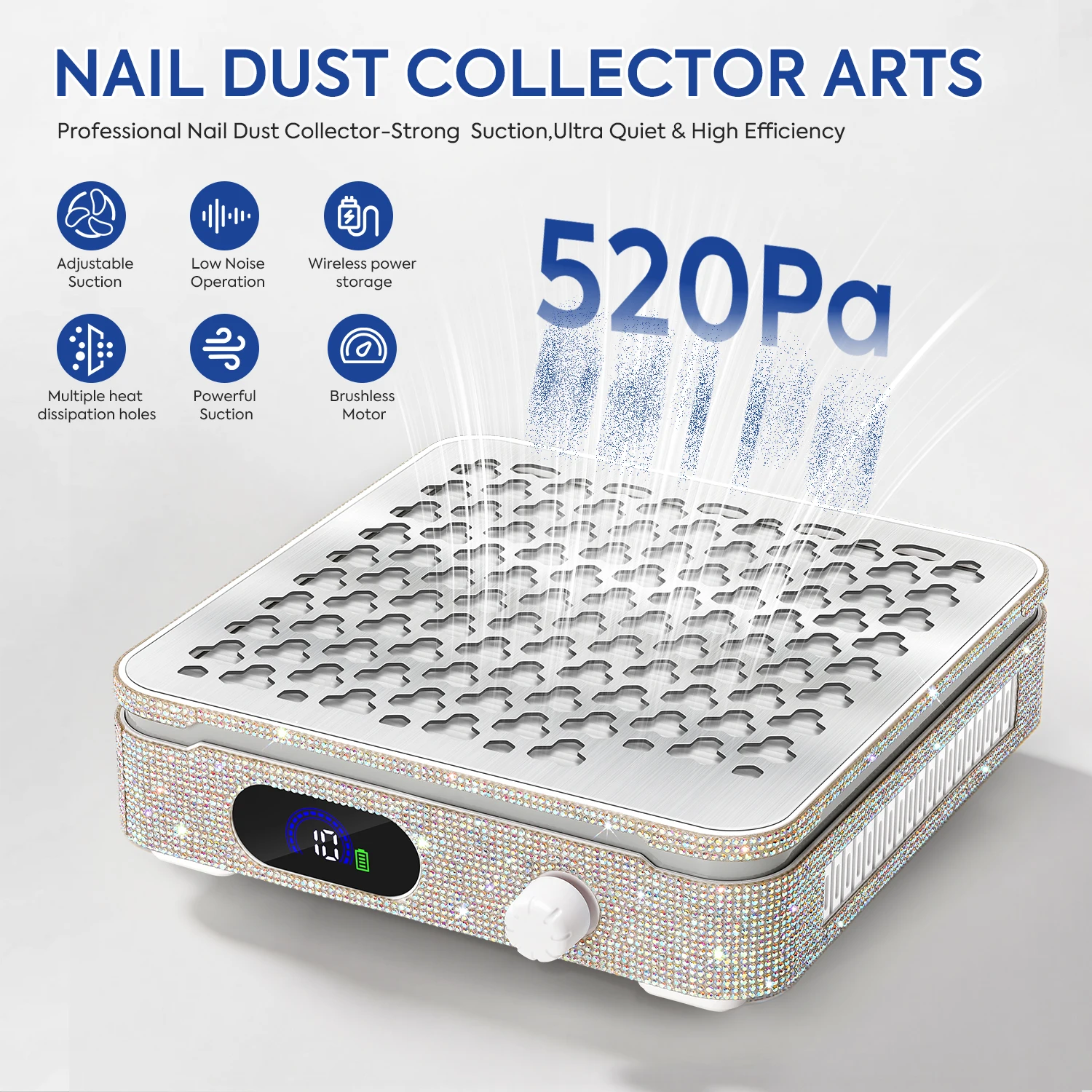 520Pa 강력한 흡입력, HEPA 필터, 10단계 조절 및 2600mAh 충전식 배터리를 갖춘 전문가용 네일 먼지 수집기