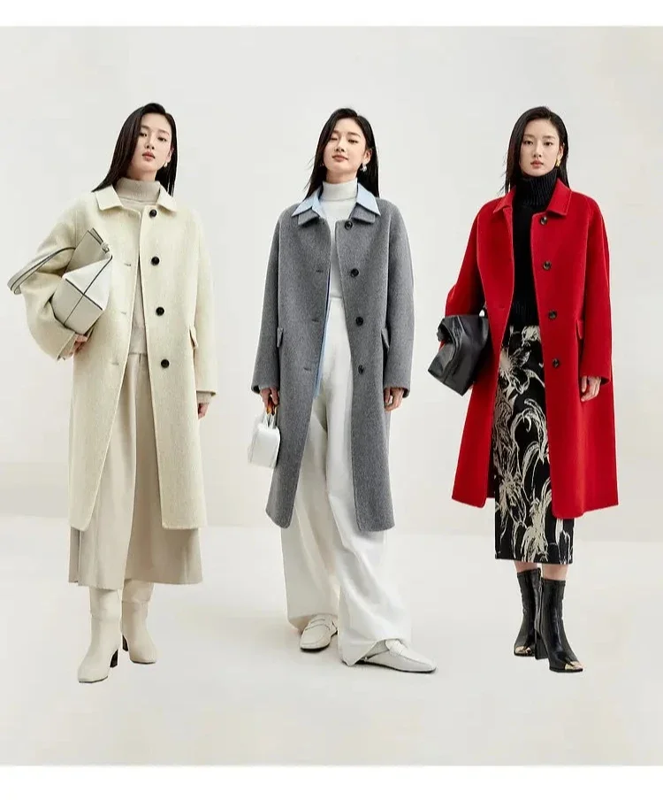 SENTUBILA Langer Mantel aus reiner Wolle für Damen 2026, lässiger Reverskragen, lockerer Trenchcoat, warmer Wintermantel, Damenoberbekleidung W54OF3636X – Detail 9