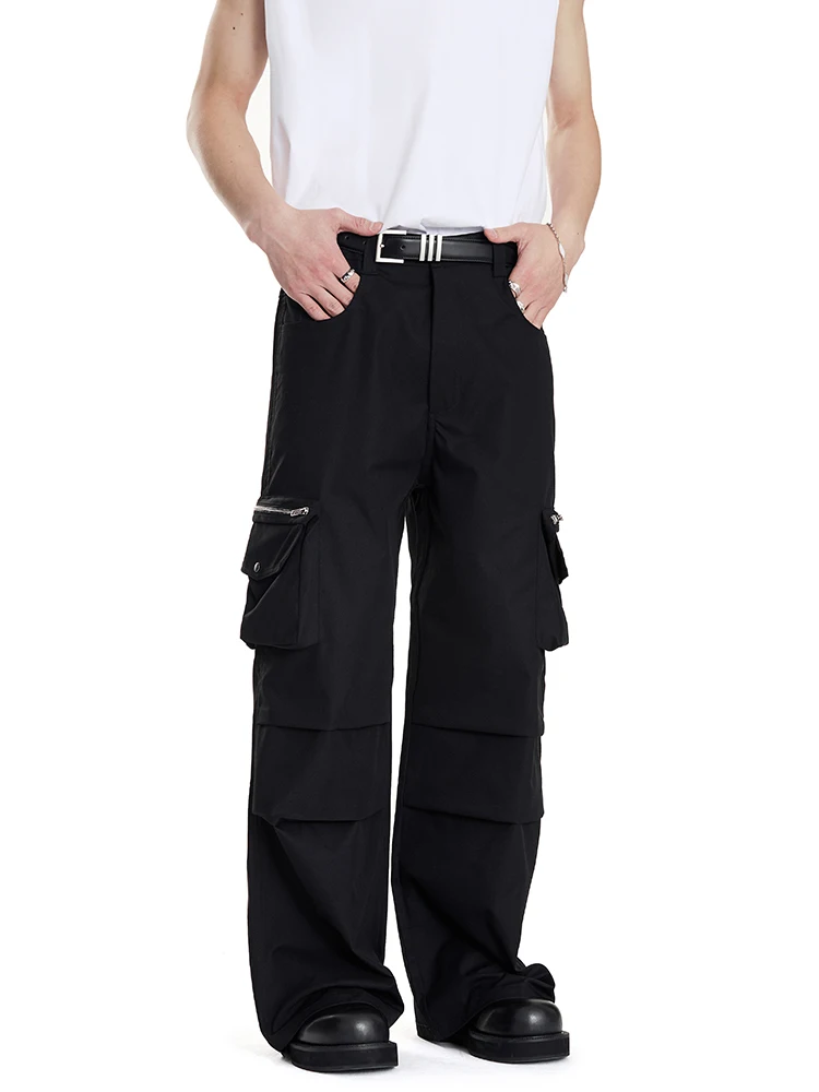 Fashion 2024 Spring High Street Zipper Multi-Pocket Solid Color Pants Men's Trendy Wide-Legged Trousers All-Match Casual Pants