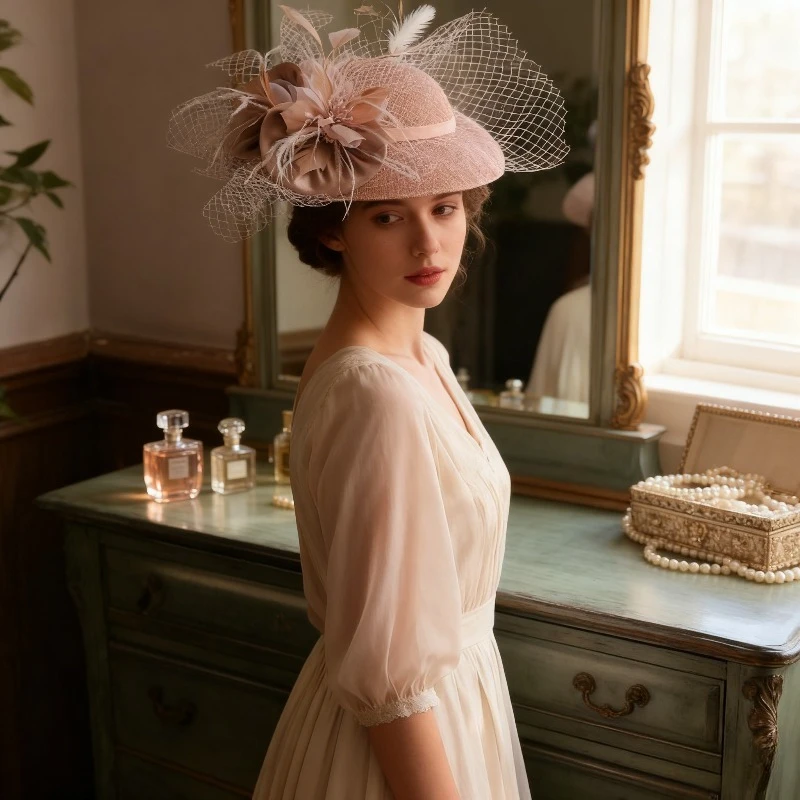 

Женская кружевная очаровательная шляпа с перьями, сетчатая вуаль с цветочным декором, головные уборы, свадебные соревнования, вечеринки и особых случаев