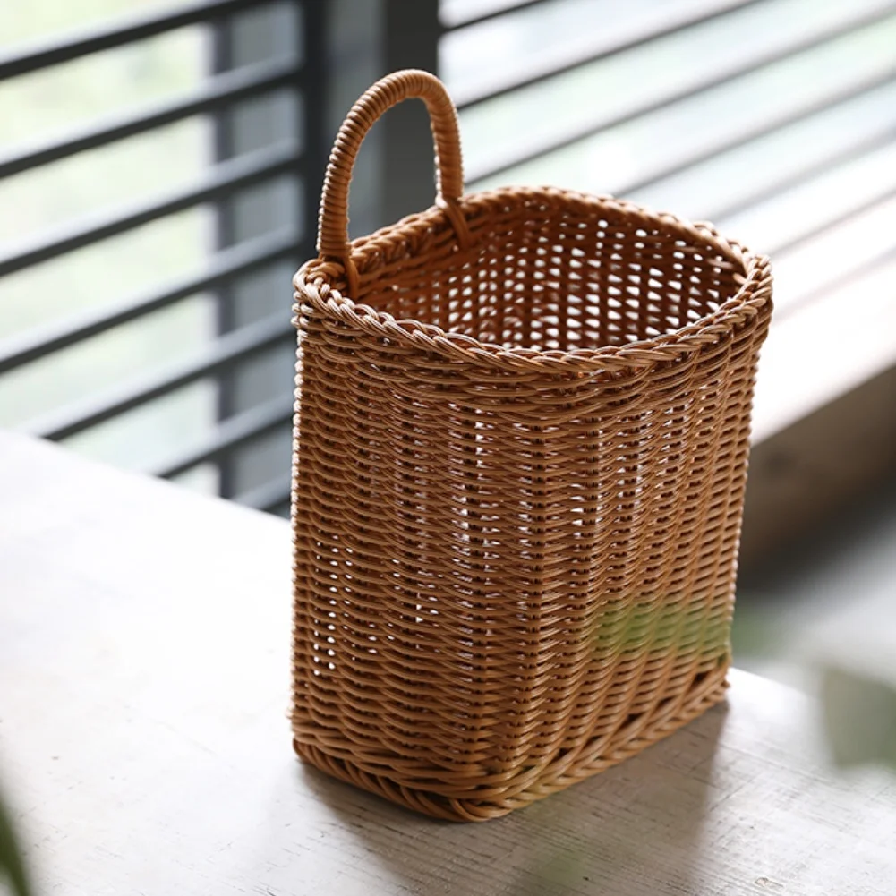 تقليد الروطان سلة الحائط اليدوية المنسوجة معلقة التخزين المنظم للمطبخ غرفة المعيشة سلة للزهور الزخرفية المنزل #4