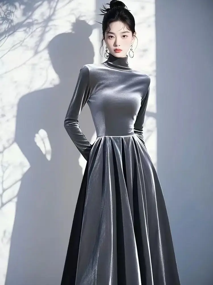 Vestido de terciopelo gris de cintura alta con cuello alto para mujer primavera otoño, vestidos largos elegantes de terciopelo de manga larga para mujer