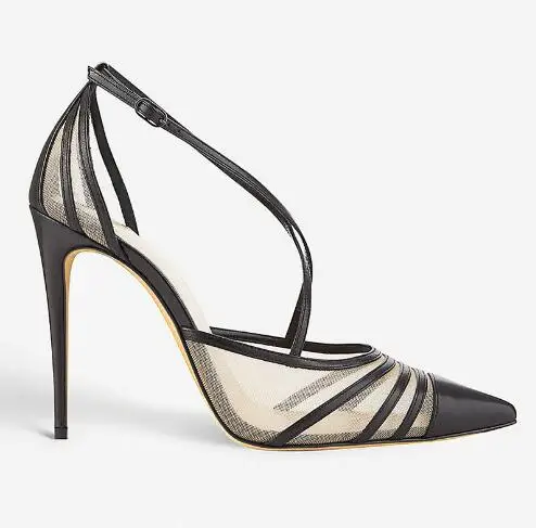 جديد للنساء جلد أسود شبكة الهواء خليط وأشار اصبع القدم عبر حزام كعب خنجر جوفاء الصنادل الصيفية حزب اللباس مضخات الأحذية