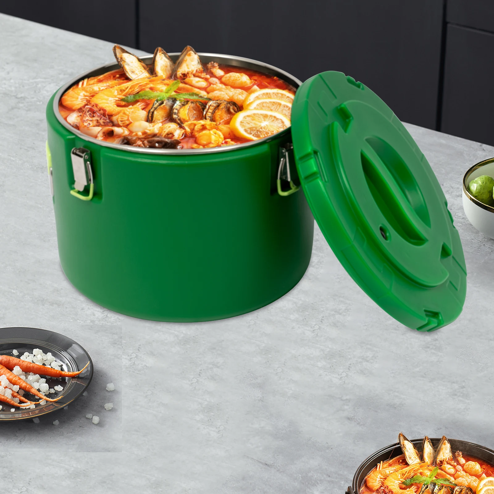 

Зеленый цилиндрический изолированный контейнер для горячей и холодной воды, 30 л, коммерческая изолированная суповая переноска из нержавеющей стали с портативными ручками