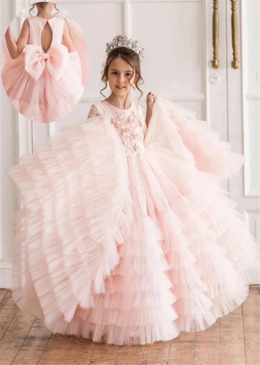 

Lovely Light Pink Flower Girl Dress Tulle Puffy Tiered Bow for Wedding Kids Birthday Party Princess Evening Gowns