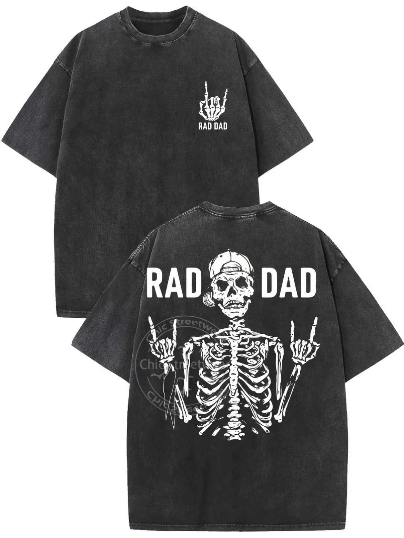 

Men'S Black Graphic Tee - RAD DAD Skull Rock Artwork | Reversible Vintage Washed Tee | Father'S Day Casual Top
