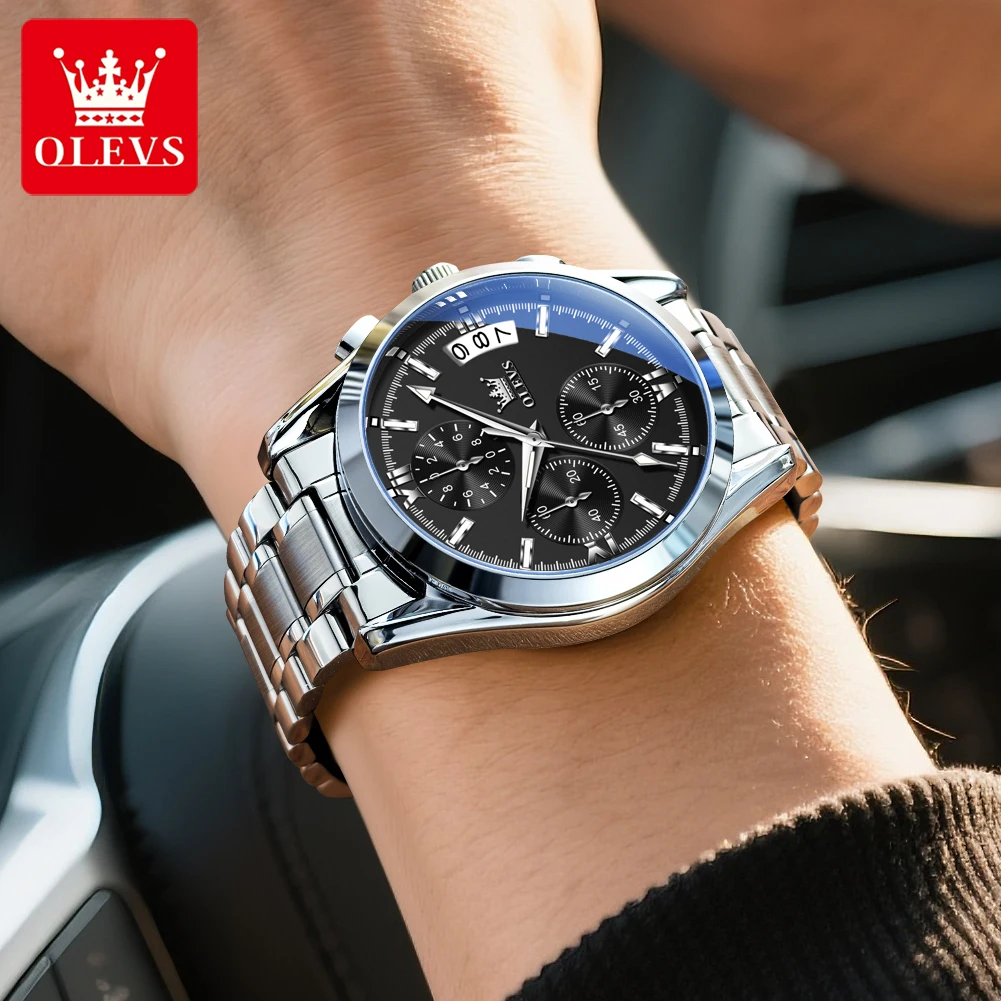 ساعة OLEVS 2987 أصلية للرجال ماركة فاخرة ساعة كوارتز مقاومة للماء بتقويم كرونوغراف وحزام فولاذي متين ساعة رجالية عالية الجودة