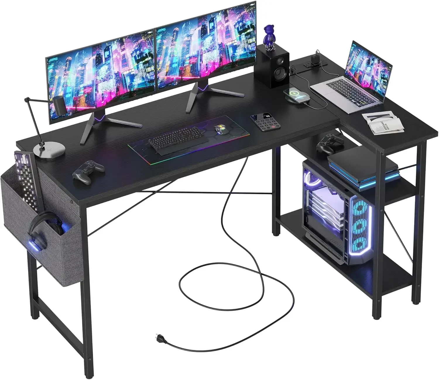

L Shaped Computer Desk with Power Outlets, 55 Inch Small Corner Desk with Reversible Shelves, Gaming Desk Computer Table Study W