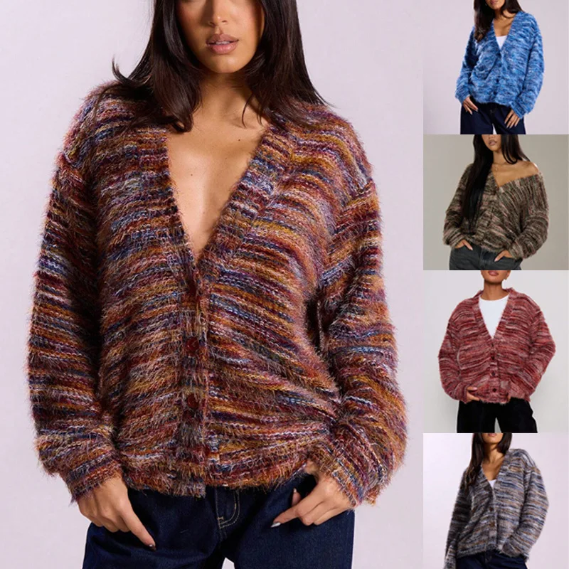 

Elegant Knitted Cardigan Sweater Women's Autumn Winter Printed Patchwork Deep V-neck Loose Button Sweaters Warm Jacket Coats