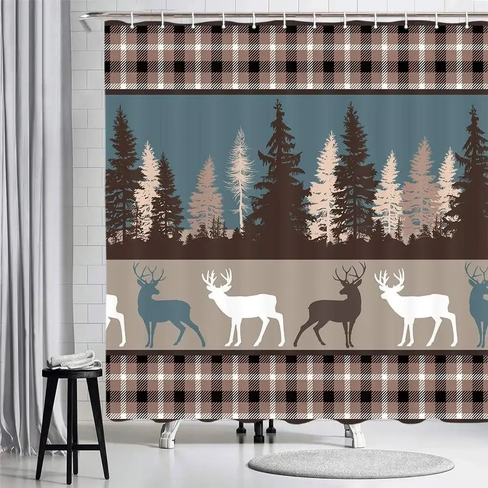 Deer Buffalo Plaid Cabin Shower Curtains, Elk in Pine Forest Wildlife Woodland Camo Bath Curtain Set Bathroom Decor with Hooks