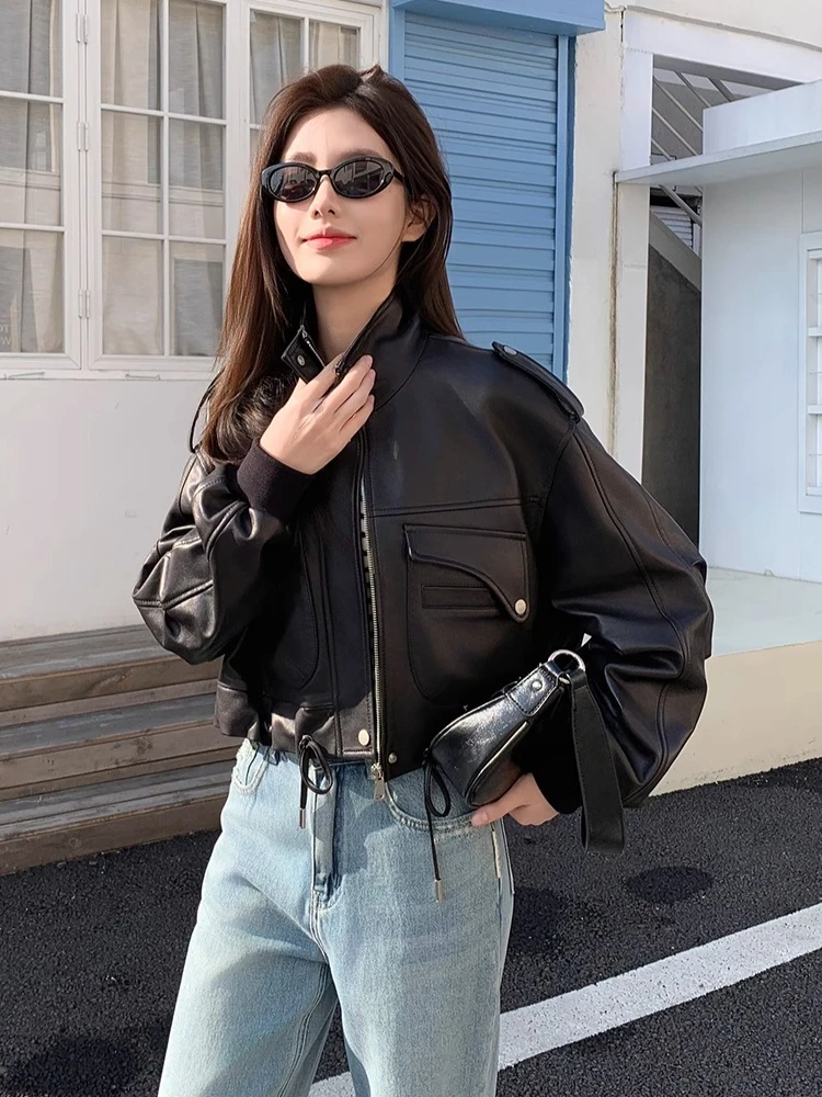 Casual Short Genuine Leather Motorcycle Jackets Women Spring Autumn High-end Simple Stand Collar Soft Black Real Sheepskin Coat