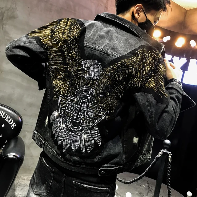 YASUGUOJI New 2022 Punk Style Fashion Eagle Embroidered Patch Jean Jacket  Men Denim Jackets Streetwear Slim Black Jacket Men