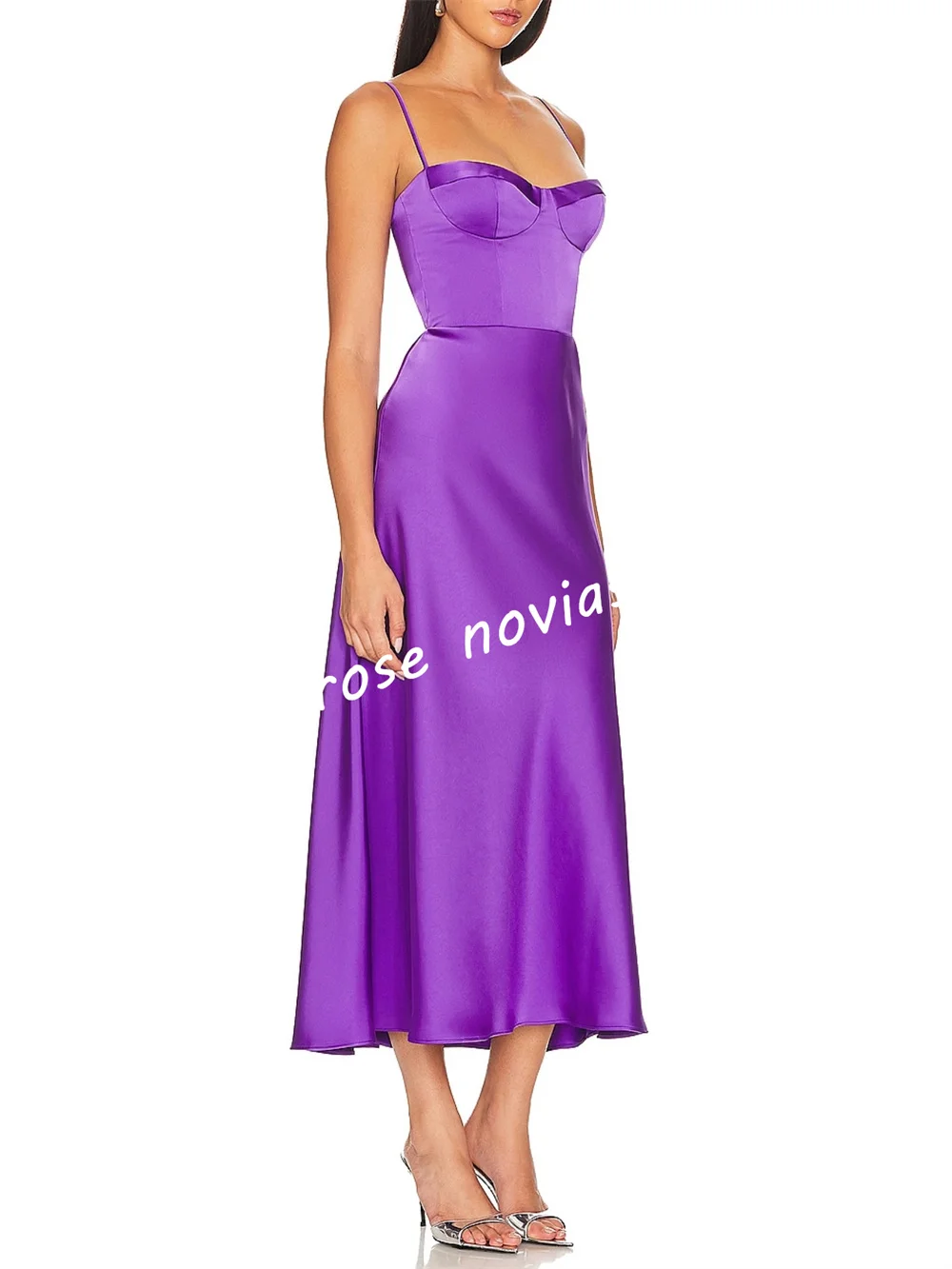 Abiti midi a trapezio da sera viola chic personalizzati con cinturino per spaghetti Charmeuse Occasioni su misura Matrimonio elegante per feste di ritorno a casa