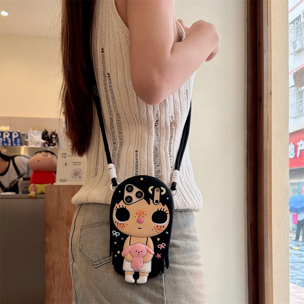 

Kawaii 3D Cartoon Girls' Silicone Phone Case Cute Rabbit Crossbody Shockproof Cover for iPhone 17 Pro 13 14 15 16 12 Pro Max Fun