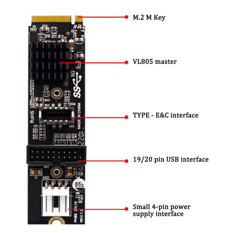 M.2 Pcie To USB3.0 Type-E & C+19 / 20P Interface Expansion Card M.2 Mkey To Pcie Adapter 5Gbps Adapter Card VL805