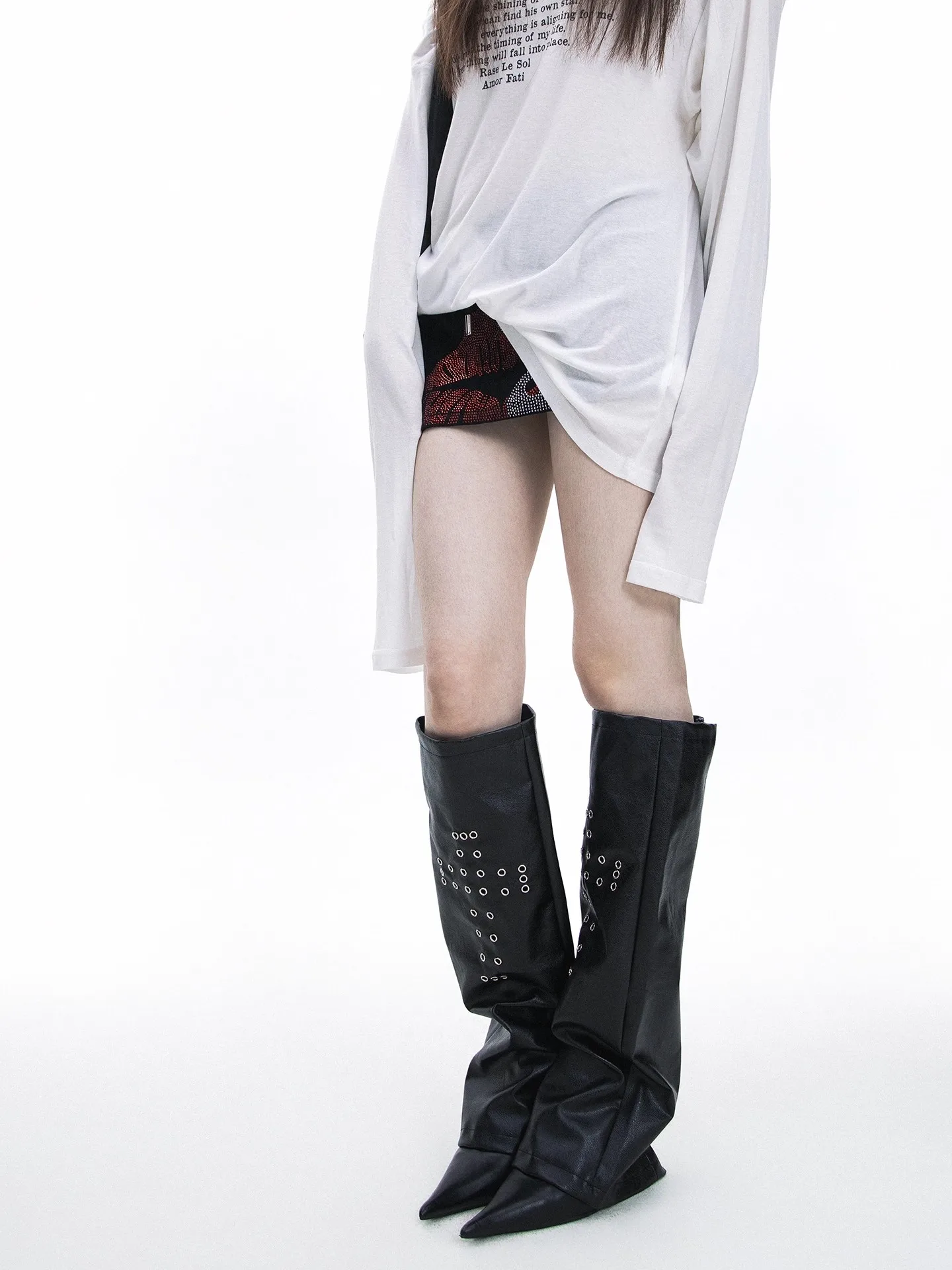 Original Dark Punk Subculture Leather Leg Warmers, Silver Cross Studs & Air Hole Rivets for Hot Girls R2559