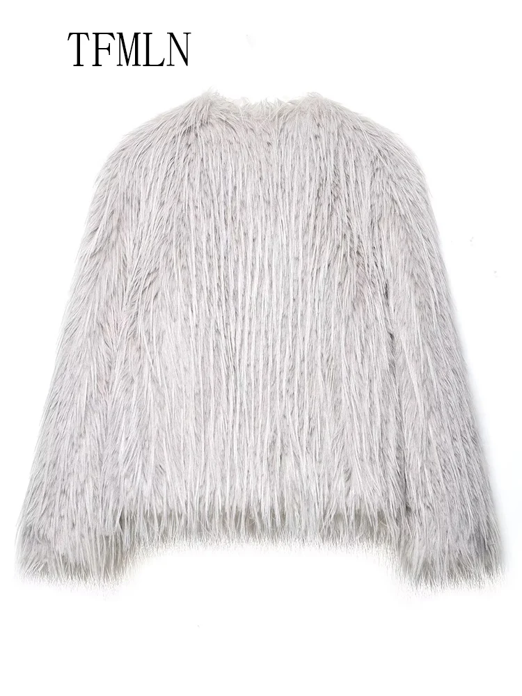 Модное однотонное пальто из искусственного меха, женская роскошная шикарная куртка-кардиган с круглым вырезом и длинными рукавами, женская теплая уличная верхняя одежда, зима 2023 г.