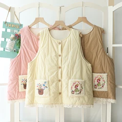 Autumn New Sweet Embroidered Pockets Vest Tops Women Single Breasted Sleeveless Outwear Tops Y1001