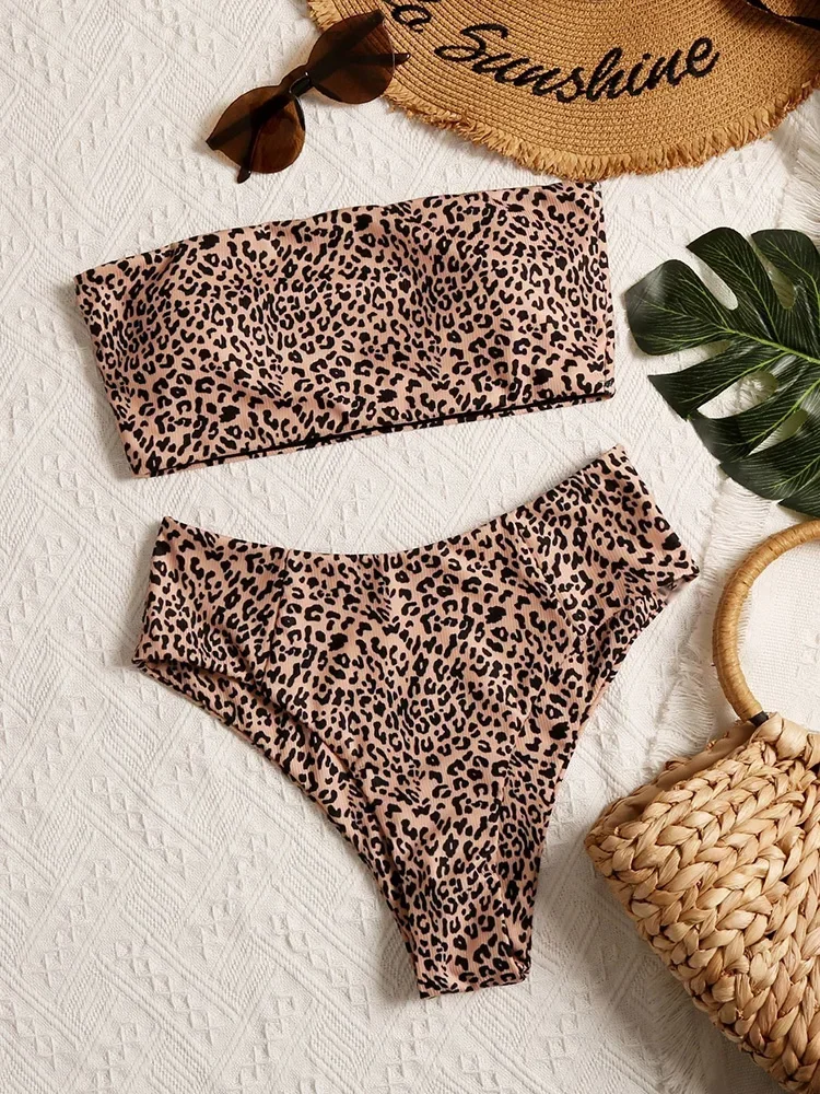 

Sexy Leopard Print Bikini 2 Piece Set Women Split Swimsuit High Waist Beach Strapless Bikini 2025 New Summer Swimwear Bikini Set