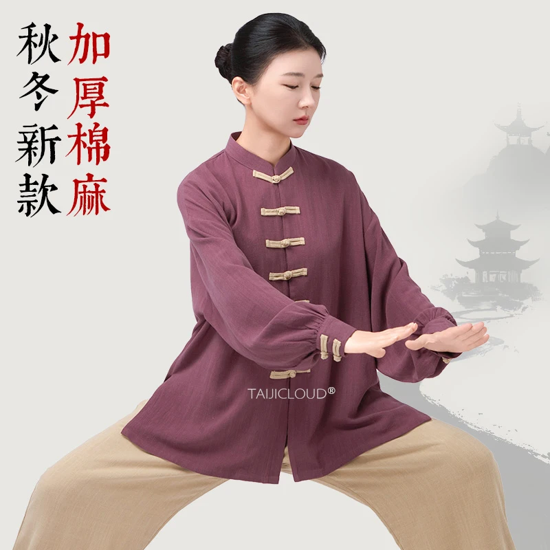 

2025 New Women's Tai Chi Suit - Thickened Cotton Linen Top for Baduanjin & Daily Practice, Autumn Winter Kung Fu Wear