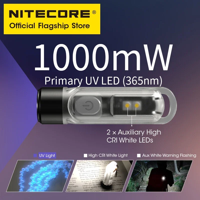 NITECORE TIKI UV Keychain Light 1000mw  With 2x Auxiliary High CRI White LEDs Rechargeable Mini UV Flashlight