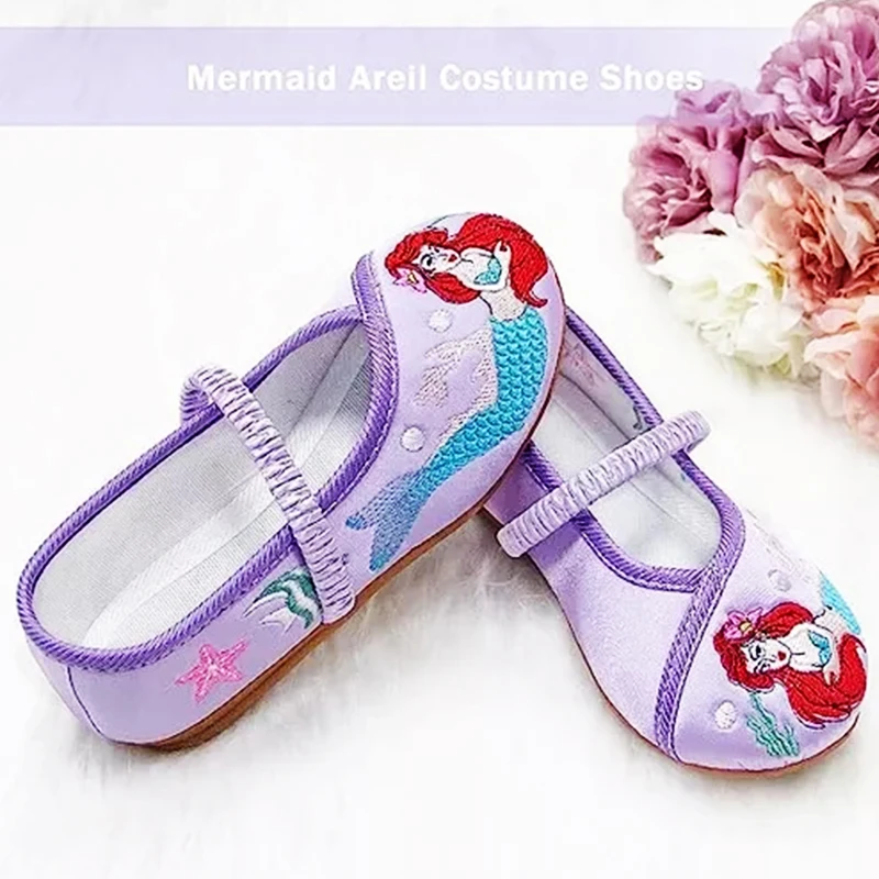 Ariel Vintage Kids Shoes For Girls Anti-slid Sole Design Fashion Embroidery Comfortable Cartoon Mermaid Pattern Baby Flats Shoes