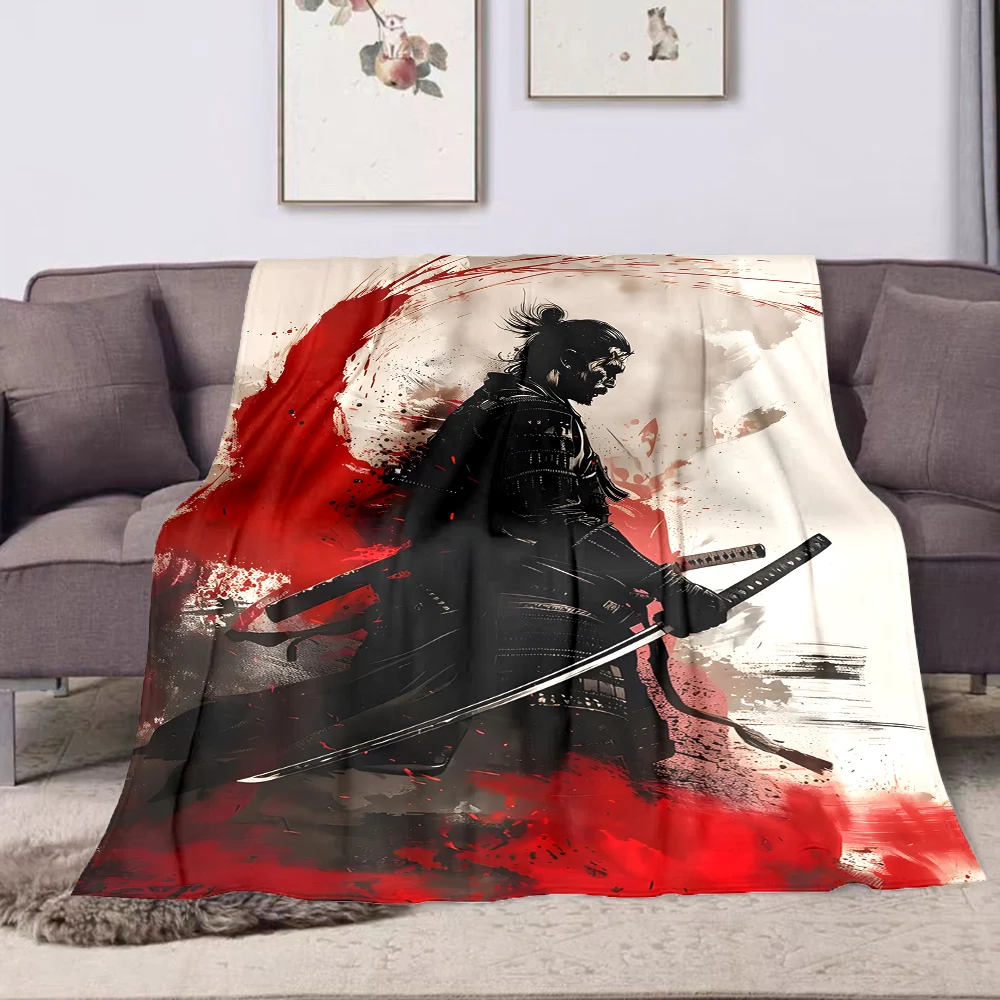 1PC Samurai silhouette with red background printed blanket all seasons multi-purpose blanket suitable for sofa camping travel RV