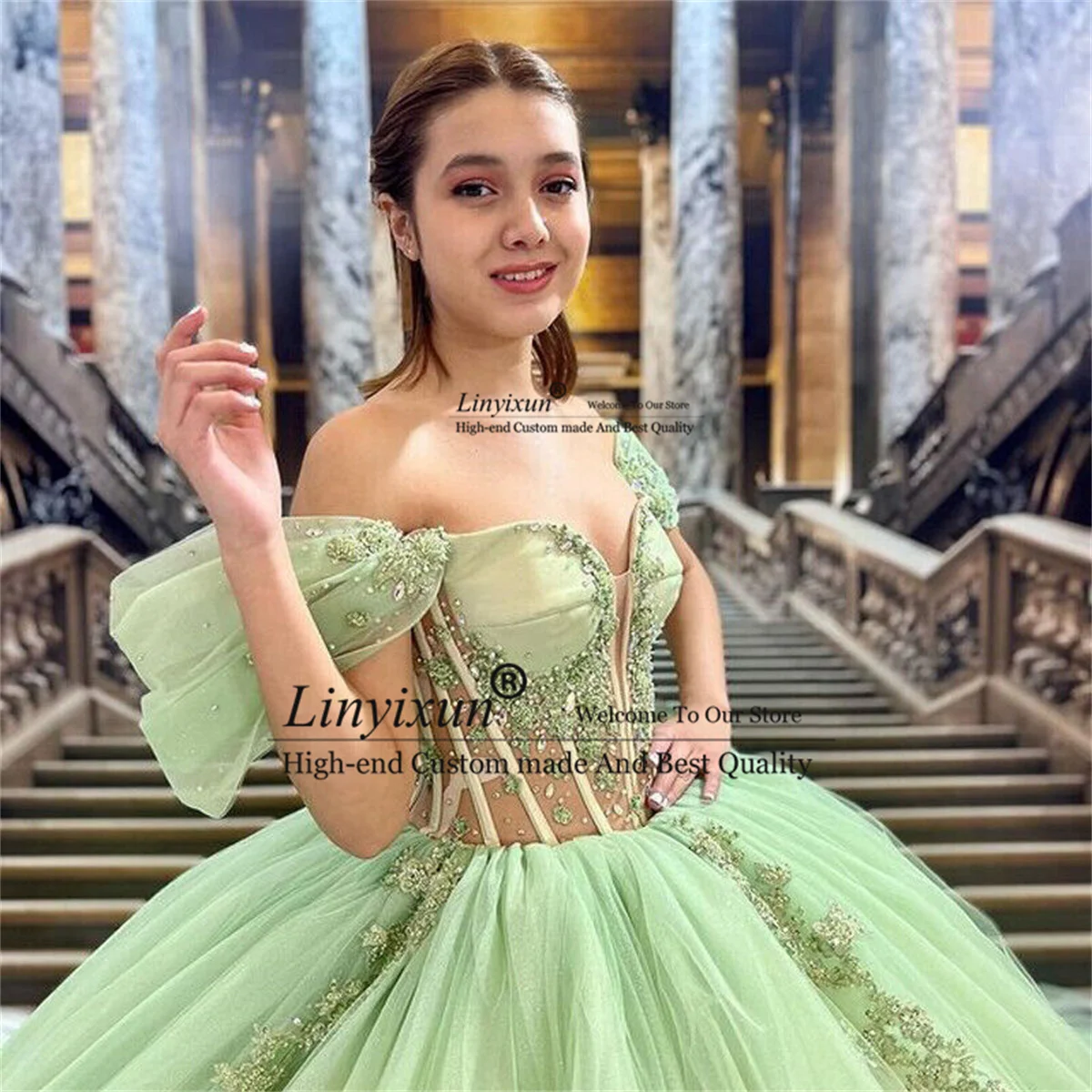 Vestidos verdes De Quinceañera para niñas, Vestidos De baile con cuentas De flores 3D, hombros descubiertos, vestido De cumpleaños, Vestidos De Quinceañera