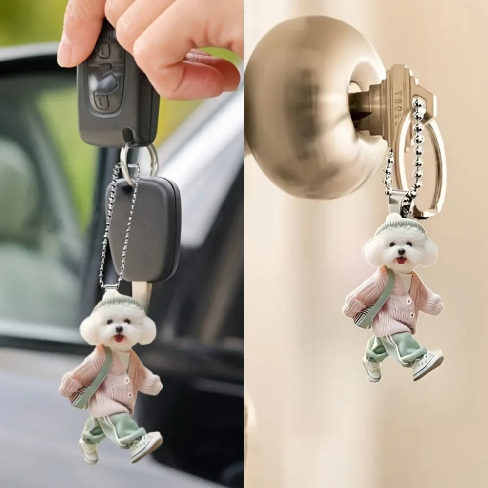 Cute Dressed Bichon Frise Pendant Keychain Cartoon Walking Dog 2D Acrylic Versatile Charm,Decor for Car,Backpacks,Festive,Gift