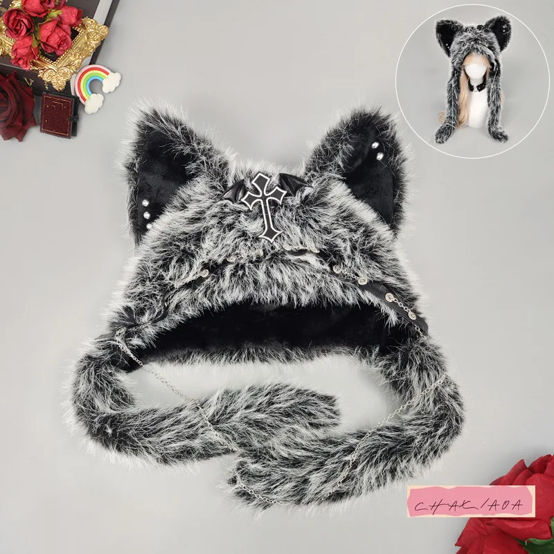 Design di nicchia giapponese Sottocultura Hottie Cat Ear Goth Cappello di peluche Autunno Inverno Halloween Punk Rock Accessori in metallo Cappello termico