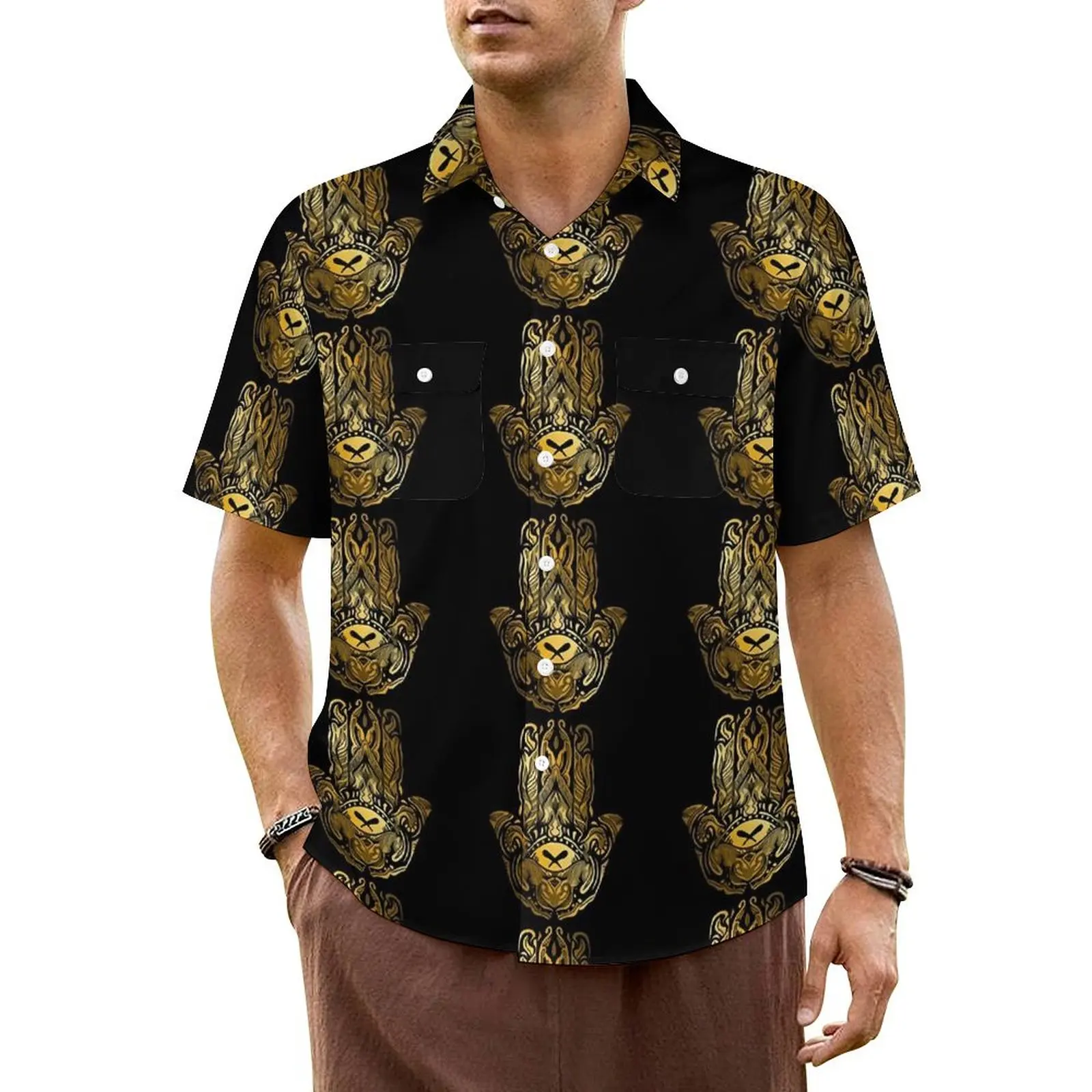 

Golden Hamsa Hand Hawaiian Shirt For Man Beach Vintage Print Casual Shirts Short Sleeve Street Style Loose Oversized Blouses