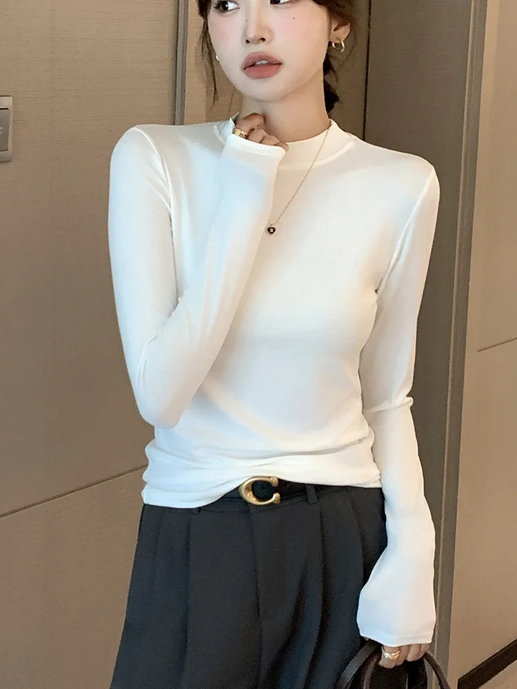 New Women long-sleeved T-shirt modal bottoming shirt solid color half-high neck round Neck small stand-up collar blouse Black