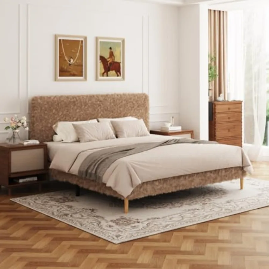 

Каркас кровати размера «queen-size» на платформе с регулируемым изголовьем, предотвращающим столкновения, мягкие закругленные углы, фланель, не требуется коробчатая пружина, легко