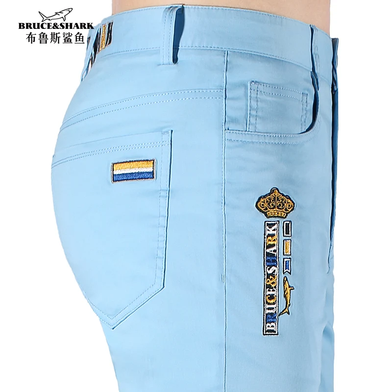 Summer Men's Light Blue Pants Thin Fashion Embroidery Bruce&Shark Loose Straight Men's Leisure Trousers Stretch Cotton Size 40