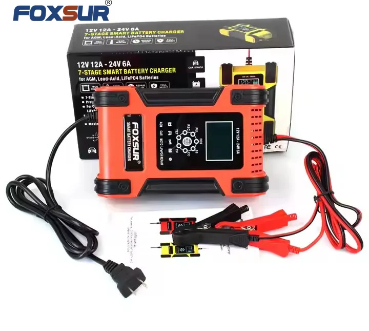 FOXSUR 12V 24V 12A Car Battery Charger , Smart Pulse Repair Lead Acid AGM GEL WET  LiFePo4 Battery Charger