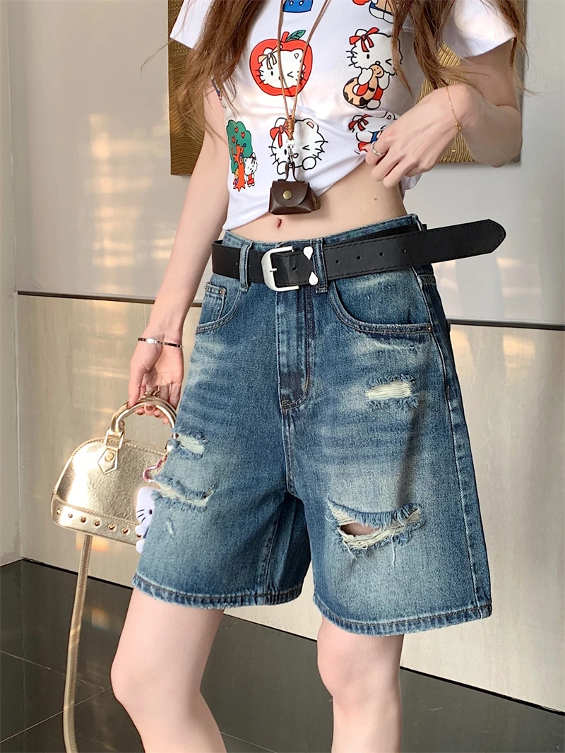 

Retro Washed Distressed Straight Leg Jeans Women's Summer Elegant Loose Slimming High Waist Denim Skinnies High Quality Ladie...