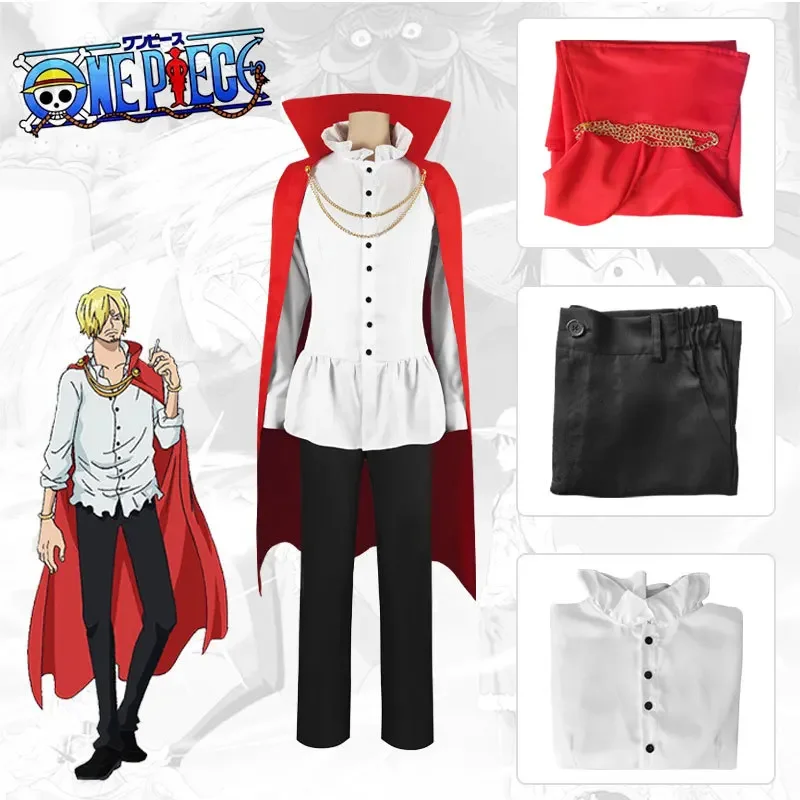 

Sanji Cosplay Costume Red Stand Collar Cloak Coat White Shirt Black Trousers Yellow Two Years Later Uniform Suit Halloween Party