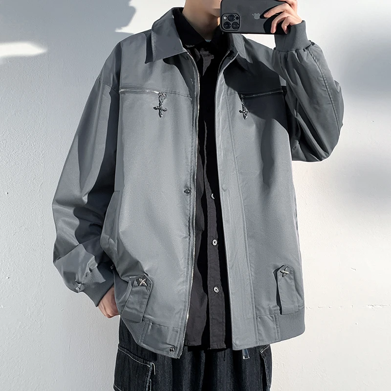 

American High Street Sle Men's Loose Fit Zipper Decorated Flight Jaet Star Design Casual Workwear Outerwear Trendy Brand