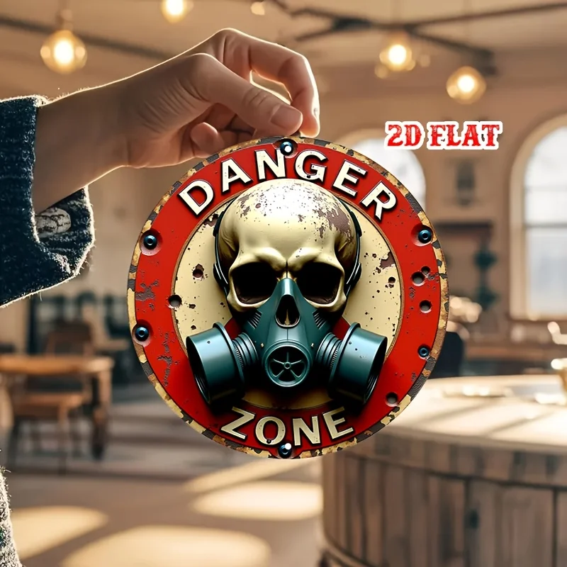 2D Flat "Danger Zone" Gas Mask Skull Round Tin Sign - Retro Post-Apocalyptic Biohazard Art Metal Wall Decor for Man Cave, Bar, S view 4