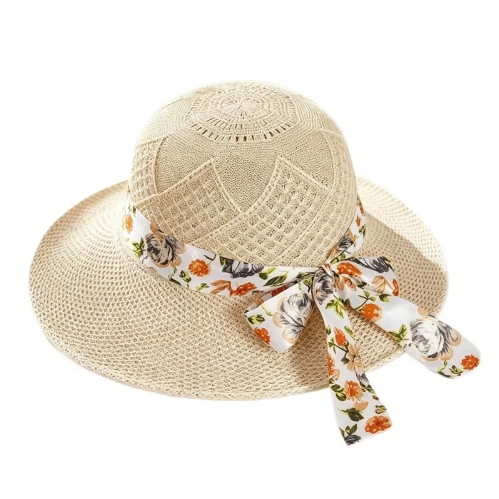Stylish Wide Brim Fisherman Sun Hat Hollow Woven Breathable UV Protection Hat Lightweight Ribbon Bow Beach Sun Hat Summer Season