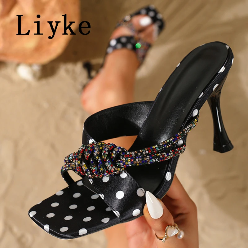 

Liyke Street Fashion Knot Crystal Rhinestone Strap Women Slippers Sandals Summer Square Open Toe Thin High Heels Slides Shoes