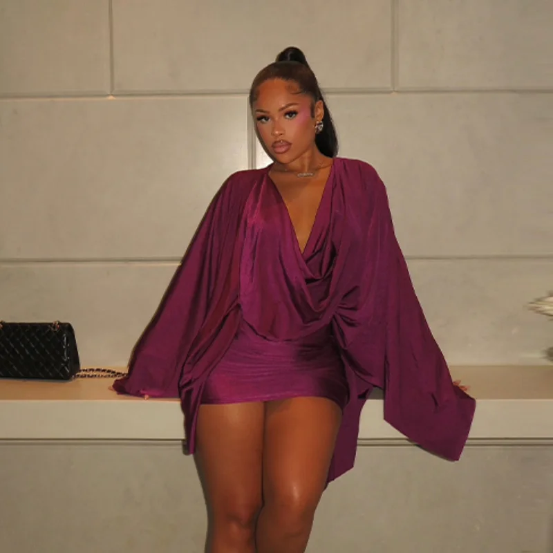 Vrouwen Elegante Sexy V-hals Jurken Retro Solid Spliced Flare Mouw Prom Dress Chic Midnight Club Party Mini Gewaad Nieuwe Trendy Gown