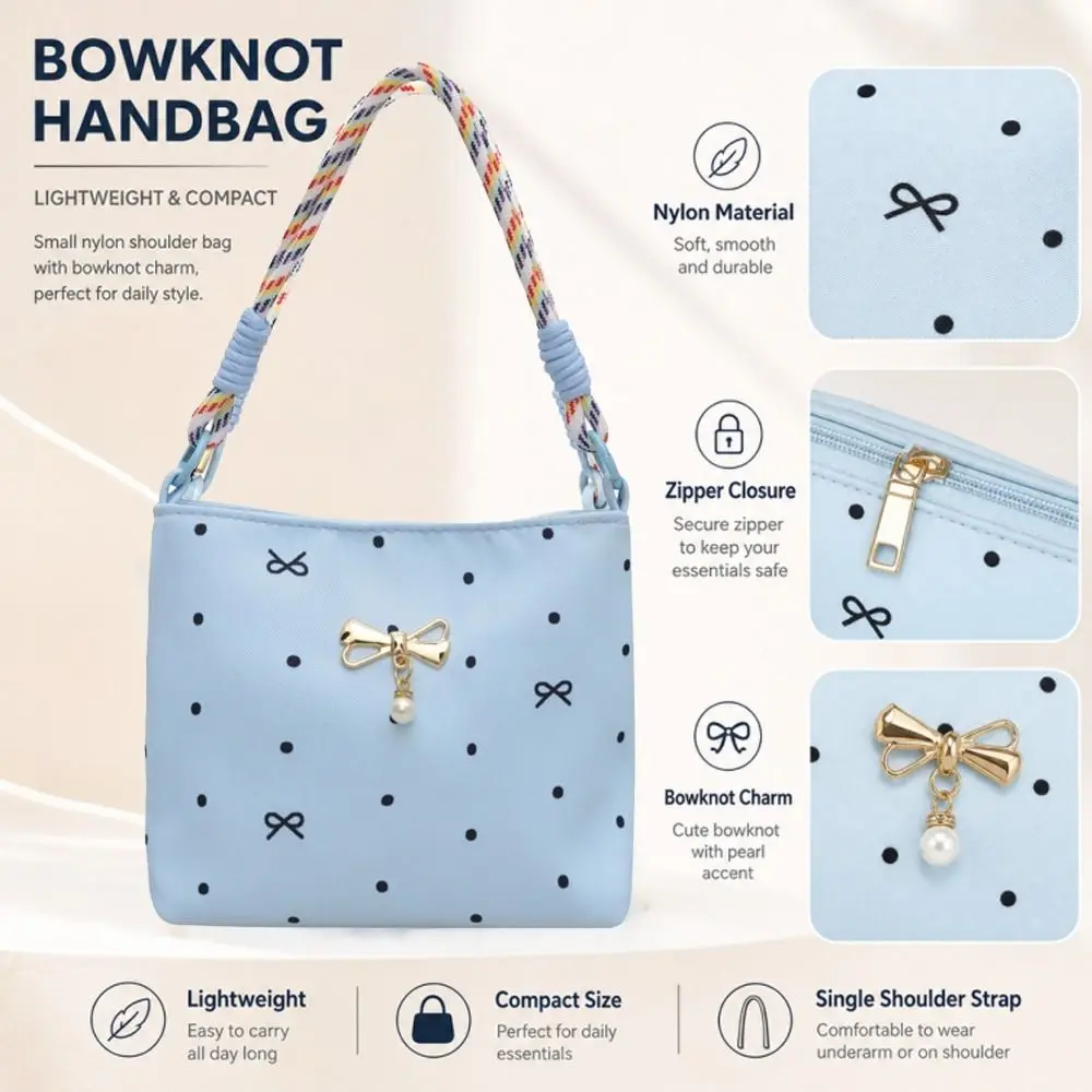 New Pearl Bowknot Handbag Polka Dot Pattern Large Capacity Shoulder Bag Zipper Closure Underarm Bag Women