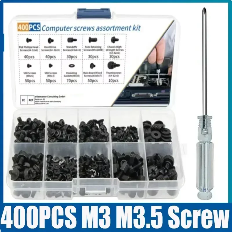 400Pcs M3 M3.5 Machine Laptop Screw Set Flat Head Phillips Drive Screws Accessories for Repair Computer Laptop Screws Kit