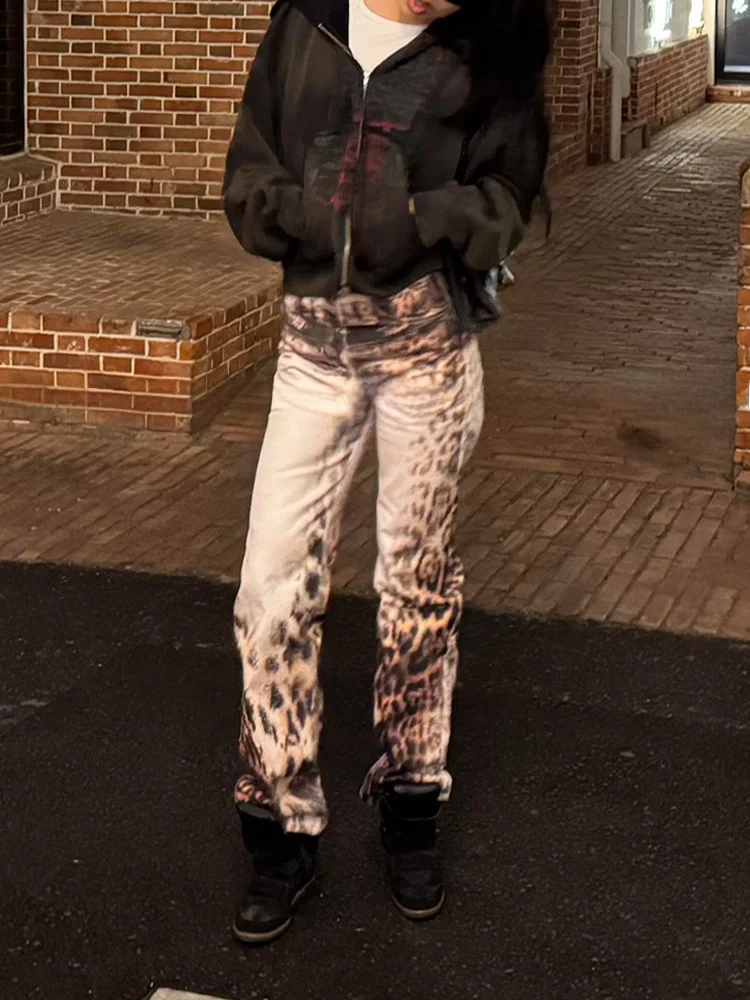 

Женские джинсы с леопардовым принтом в американском стиле High Street, расклешенные длинные брюки с микро-расклешенями, весна-лето