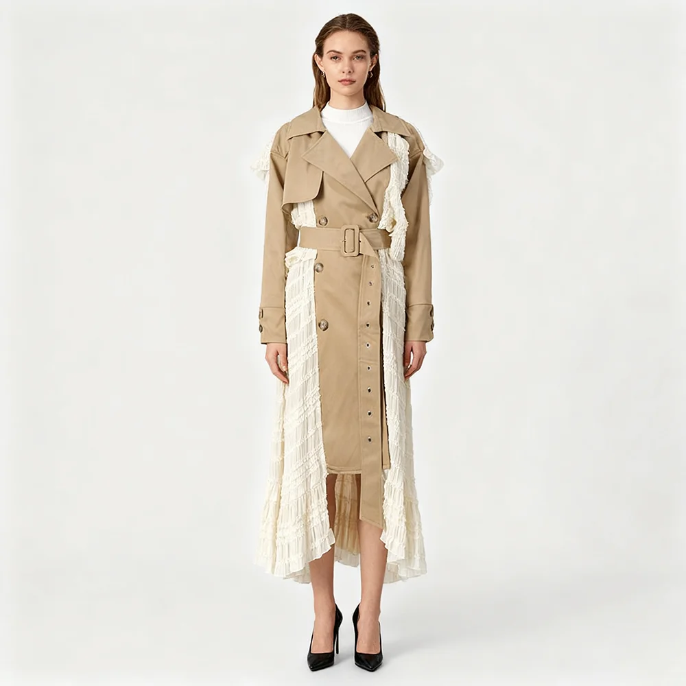 

Elegant Slimming Spliced Folds Hit Color Jackets For Women Lapel Long Sleeve Patchwork Belt Spring Designer Coat Female New