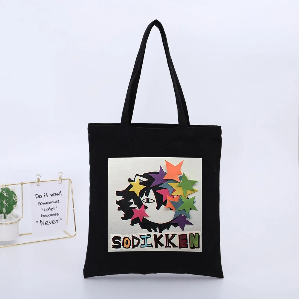 Star Graphic Black Canvas Tote Bag, Streetwear Style for Daily Shopping and Casual Outings