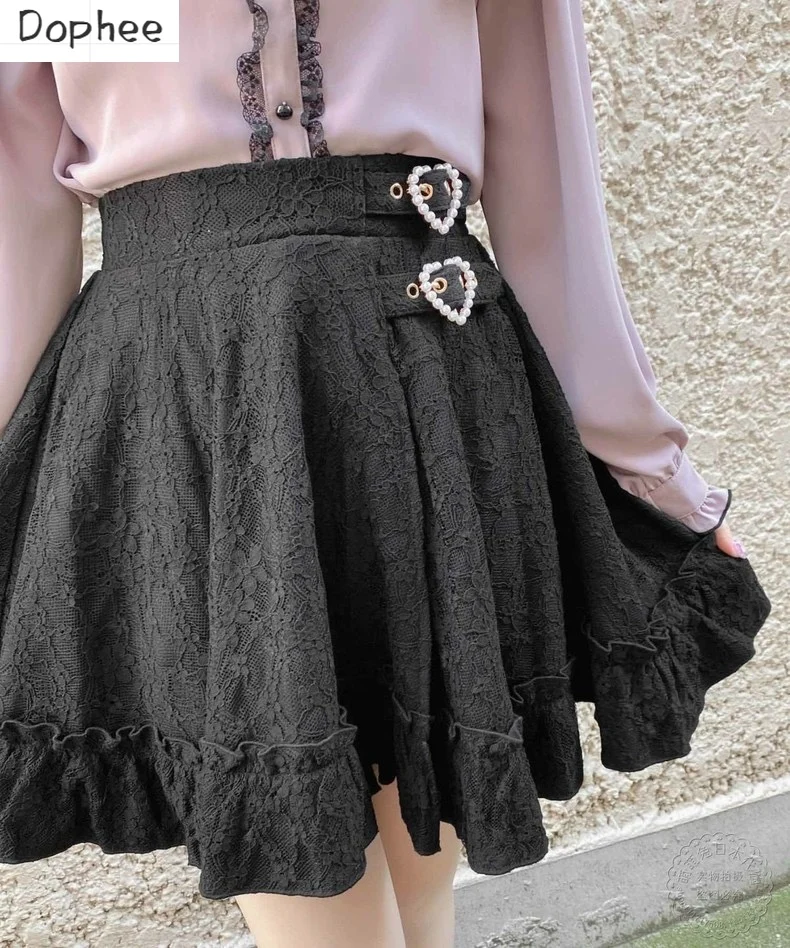 

Dophee Japan Style Rojita Skirts Women Landmine Series Double Love Buckle High Waist Ruffles Lace Skirt Cute Lolita A-line Skirt