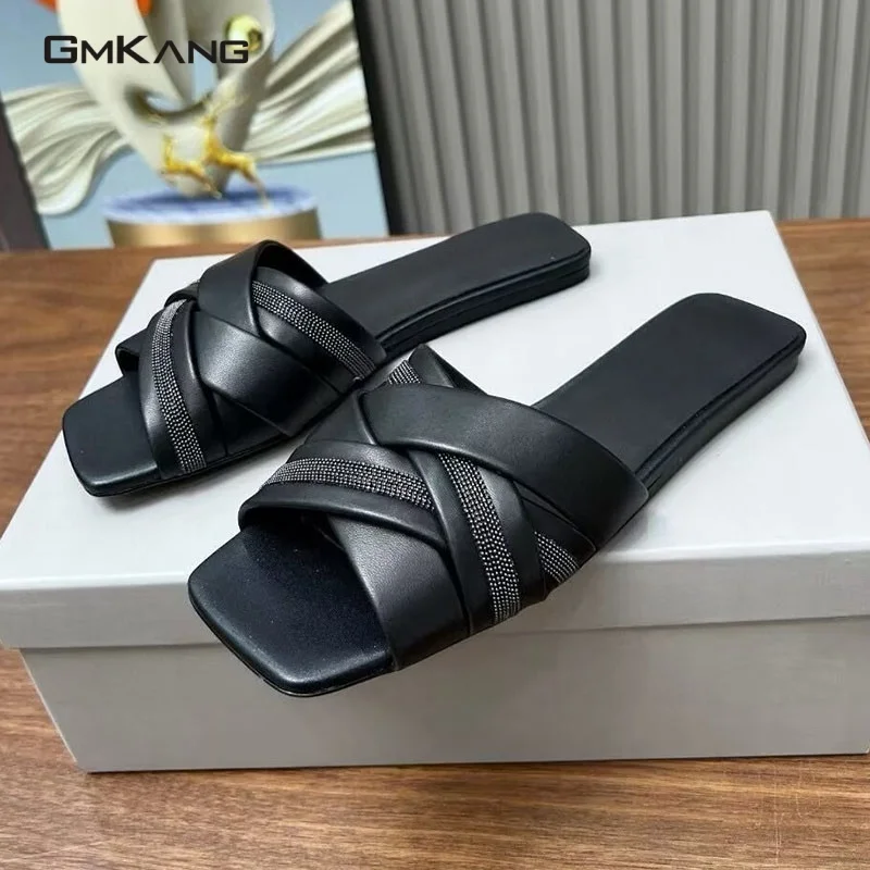 

Women Cross Strap Flat Slippers, Casual Square Toe Slides with Rhinestone Decor, Non-slip Summer Sandals for Daily Wear