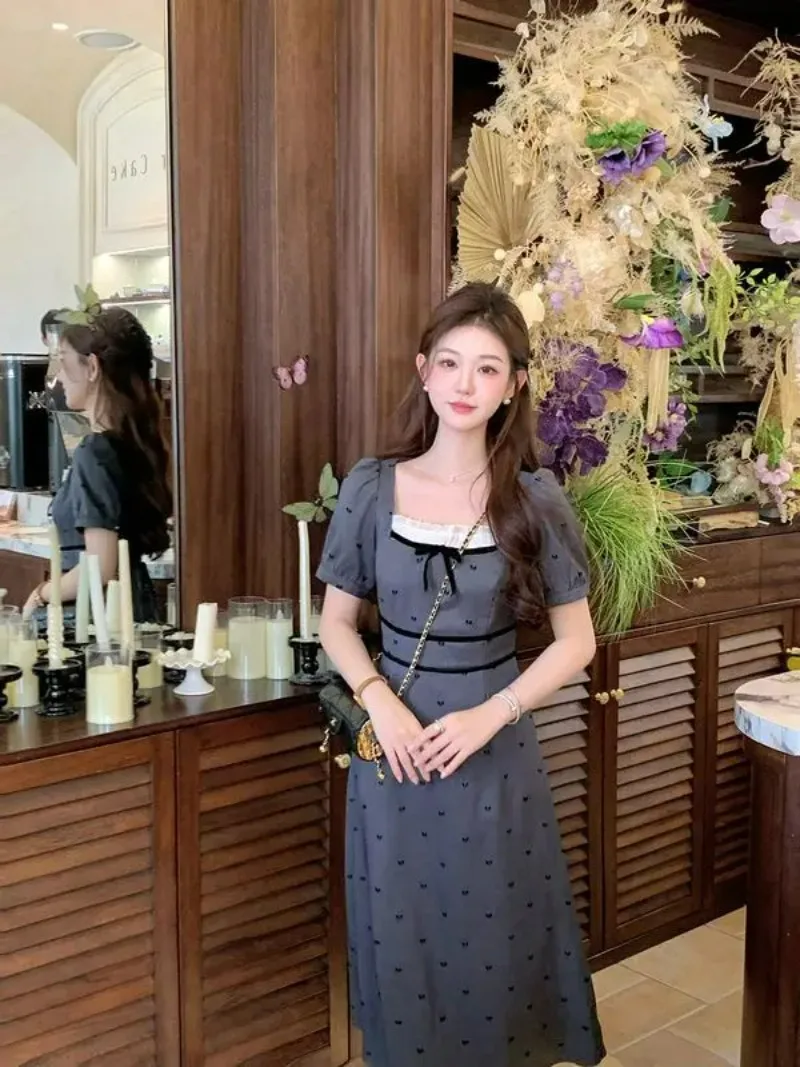 Korean Fashion Retro Square Neck Floral Dress Women 2025 New Summer Temperament Long Cinched Waist Dresses